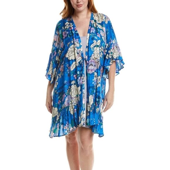 Johnny Was Blue Dove Floral Ruffled Kimono Cover-up Robe 2X PLUS - Picture 1 of 3